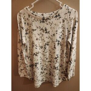 J. Jill Tunic Top Cream Green Floral Fall Pattern Stretch Button Sides Size SP